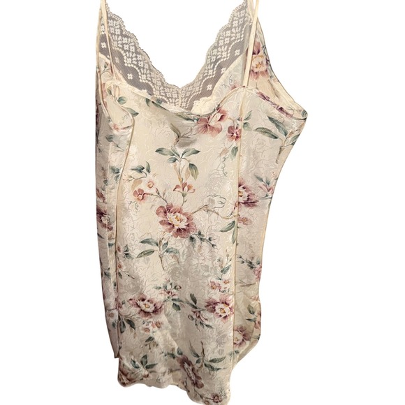 Vintage Floral Satin Lace Trim Chemise Nightgown Cream Pink Jacquard Sleeveless - Picture 4 of 6